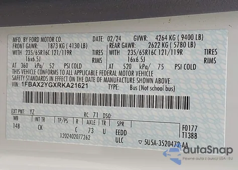 2024 Ford Transit-350 Passenger Van Xl/Xlt from USA, damaged, VIN 1FBAX2YGXRKA21621